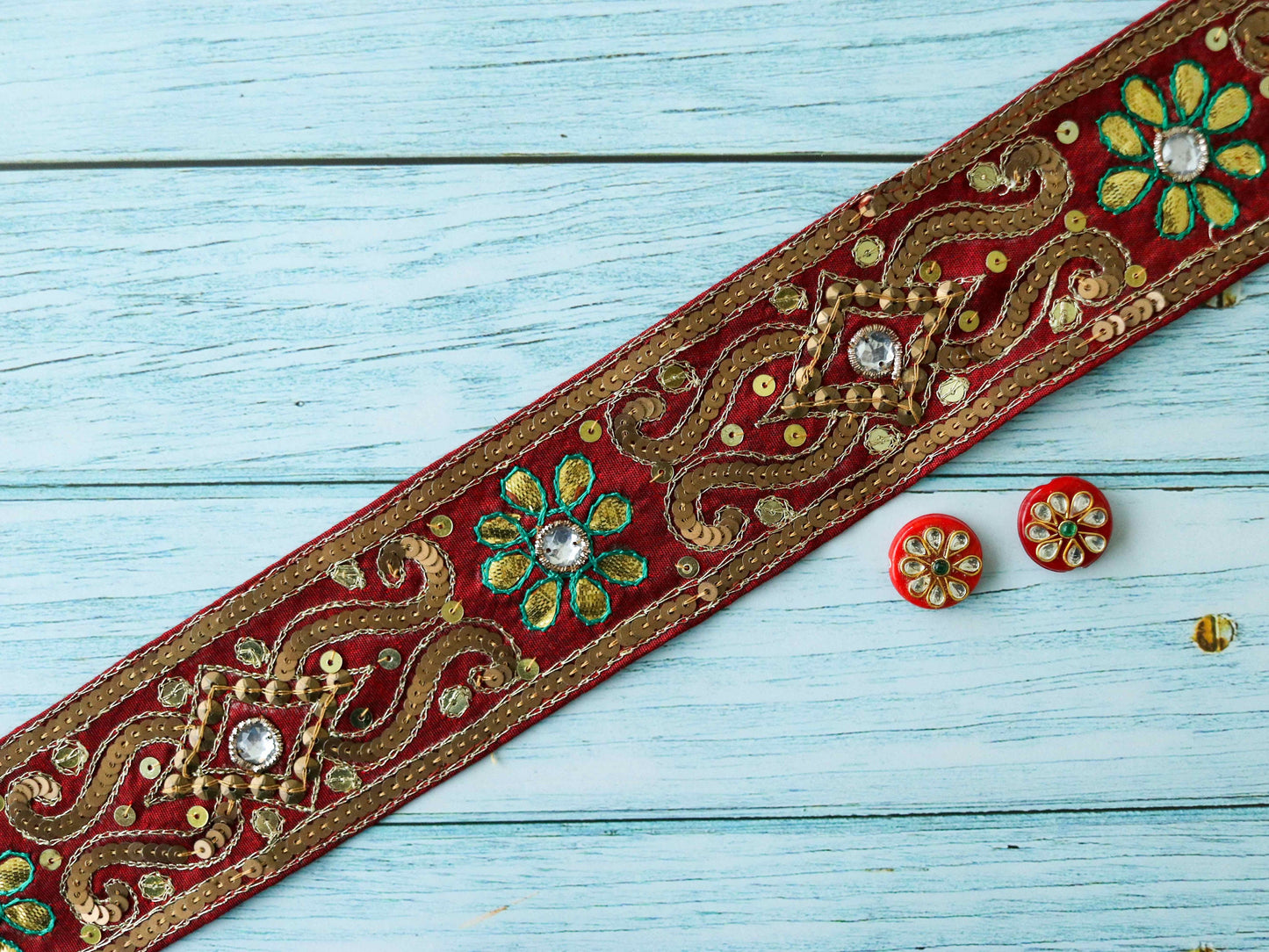 Vintage Red Gold Embroidered Trim,Handmade Old Gold Sequin Floral Border,Antique Red Bridal Saree Border,Indian Fabric Trim,Price/mtr