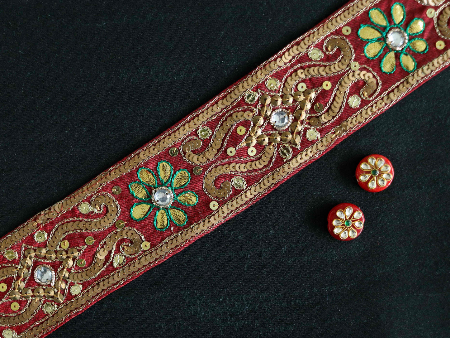 Vintage Red Gold Embroidered Trim,Handmade Old Gold Sequin Floral Border,Antique Red Bridal Saree Border,Indian Fabric Trim,Price/mtr