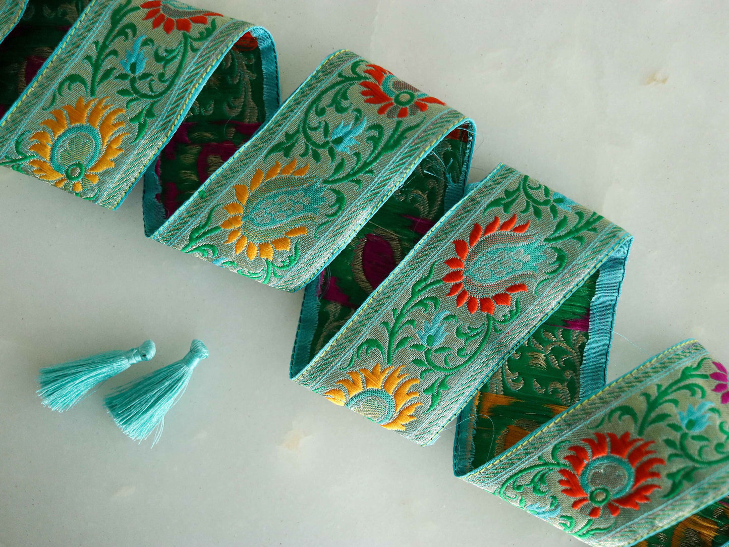 Blue Floral Banarasi Trim,Brocade Silk Border,Indian Brocade Lace,Banarasi Saree Border,Blue Bridal Trim,Price/mtr
