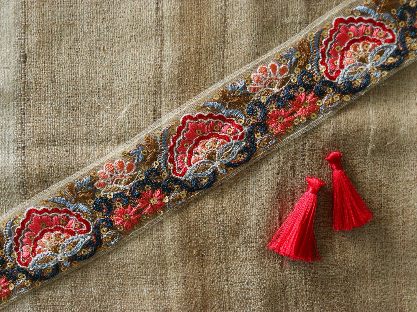 Pink Floral Embroidered Trim,Sequin Floral Border,Pink Yellow Rose Net Lace,Indian Fabric Trim,Floral Saree Border,Price/mtr