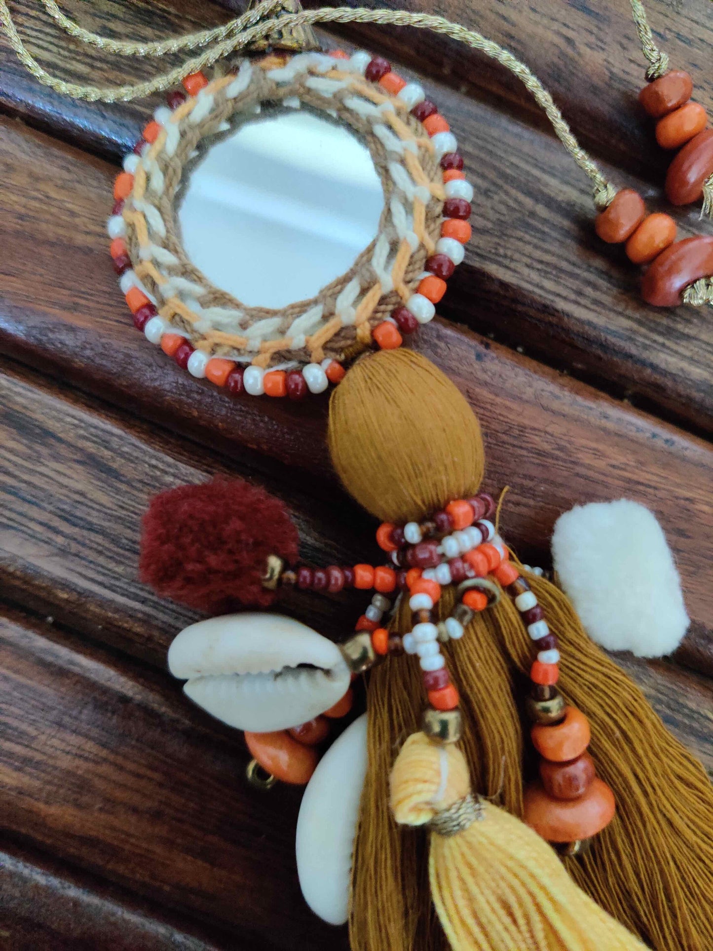Boho Mustard Yellow Mirror Tassel,Handmade Latkan, Cowrie Round Tufted Tassel,Quirky Kitschy Indian Tribal Charm,Christmas Tree Supply