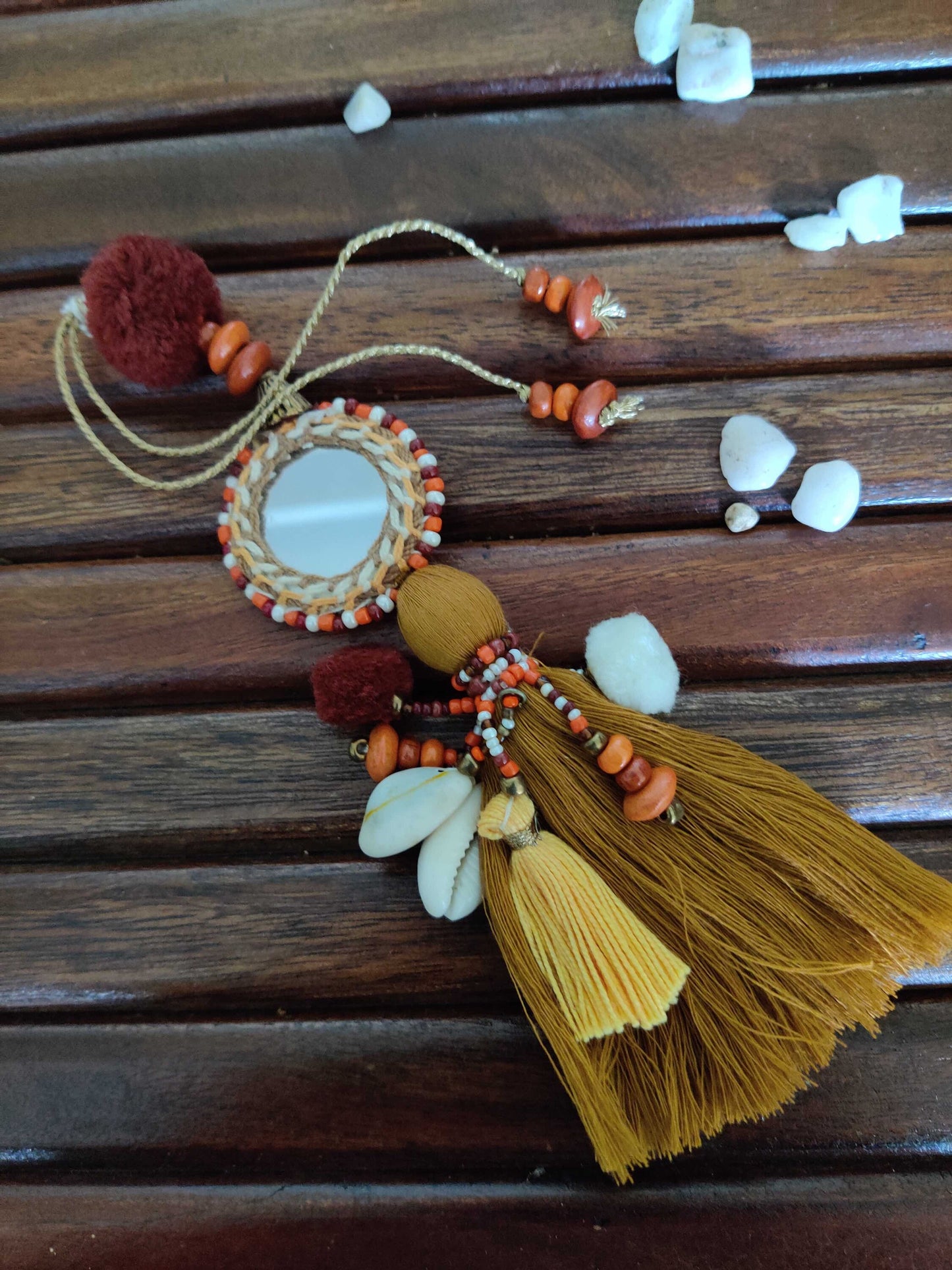 Boho Mustard Yellow Mirror Tassel,Handmade Latkan, Cowrie Round Tufted Tassel,Quirky Kitschy Indian Tribal Charm,Christmas Tree Supply