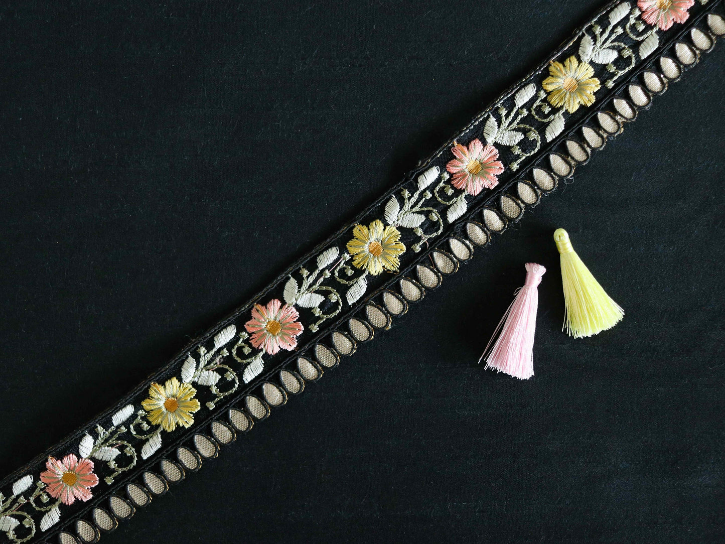 Black Gold Floral Embroidered Trim,Black Pink Yellow Floral Organza Border,Floral Tissue Lace,Indian Trim,Black Saree Border,Price/mtr