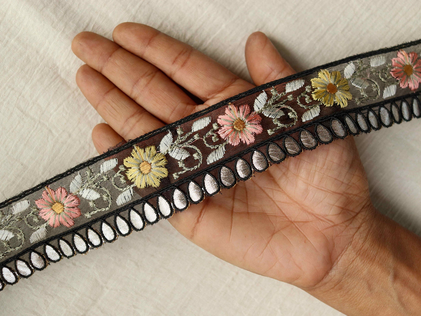 Black Gold Floral Embroidered Trim,Black Pink Yellow Floral Organza Border,Floral Tissue Lace,Indian Trim,Black Saree Border,Price/mtr