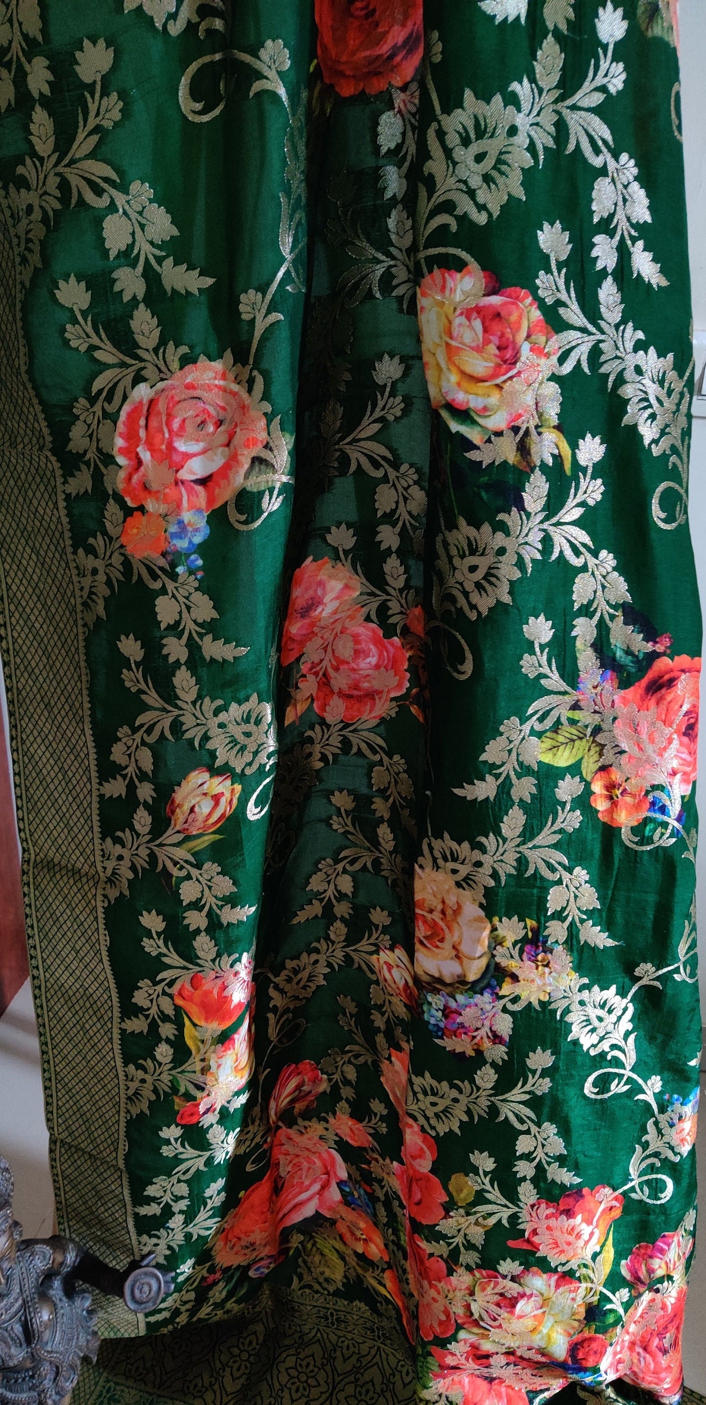 Mohini - Green Pink Banarasi Dupatta,Floral Digital Print Colourful Green Gold Silk Stole,Indian Silk Fabric,Green Gold Shawl,Gift for her