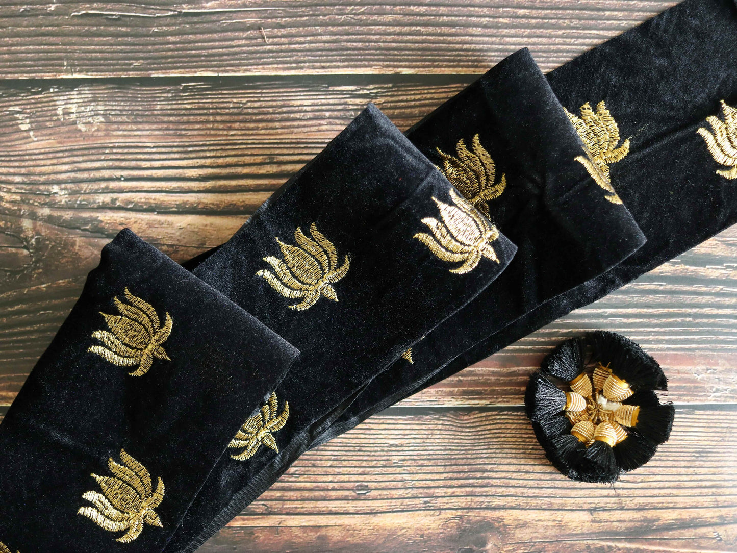 Black Gold Lotus Velvet Trim,Black Velvet Embroidered Border,Black Floral Lace,Black Bridal Trim Saree Border,Price/mtr