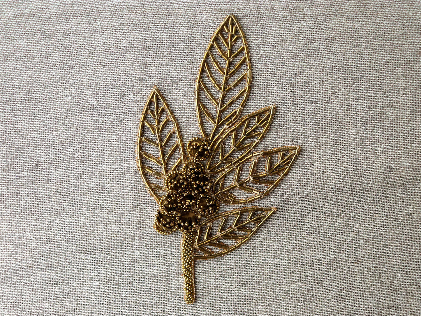 Golden Leaf Cutwork Embroidered Patch,Handmade Old Gold Beaded Leaf Applique, Golden Cutwork Patch,DIY Costume Dress Patch