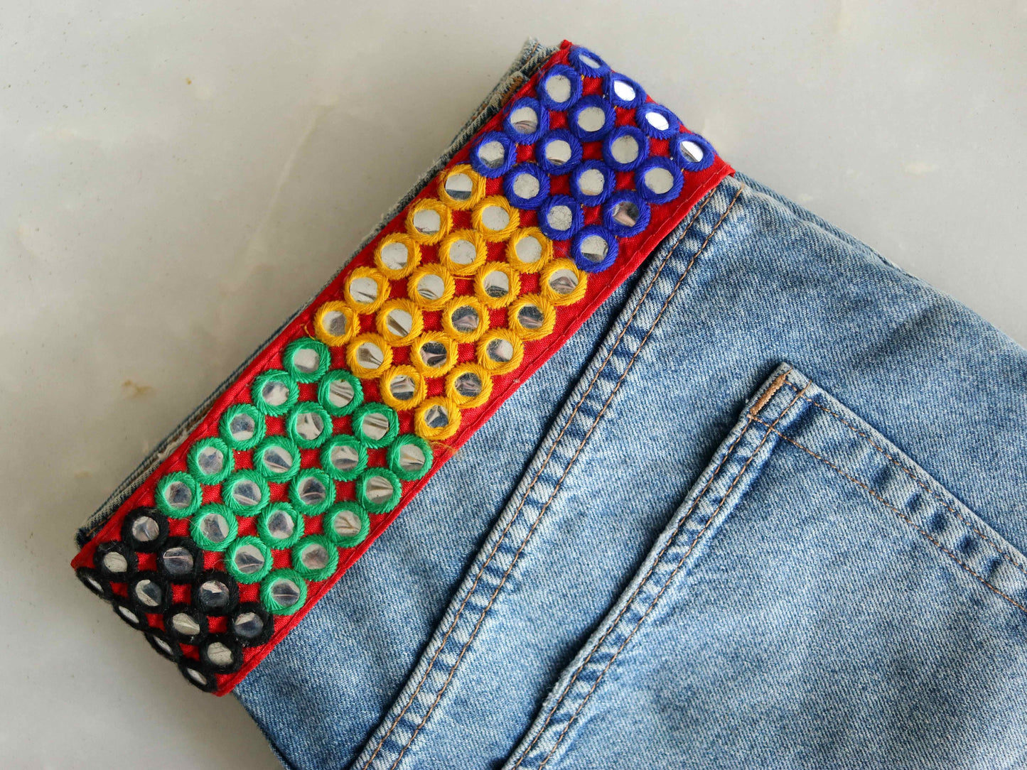 Multicolour Sequin Embroidered Kutchi Trim,Indian Mirror Embroidered Border,Red Green Mirror Lace,Tribal Boho Hippie Saree Border,Price/mtr