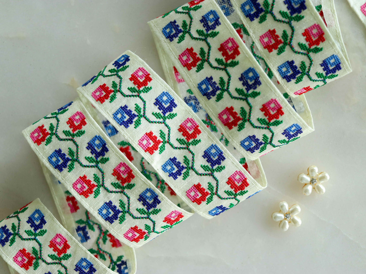 White Pink Floral Embroidered Trim,Cross Stitch Embroidered White Pink Blue Floral Lace,White Saree Border,Boho Indian Fabric Trim,Price/mtr