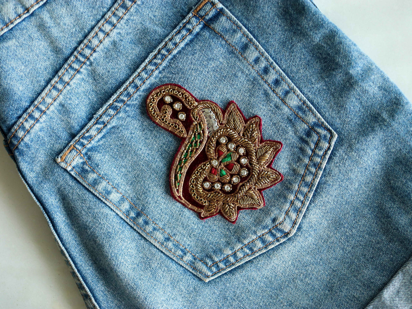Vintage Red Velvet embroidered patch,Handmade Old Gold Regal applique, Maroon Gold Floral Paisley patch,Bridal DIY Patch