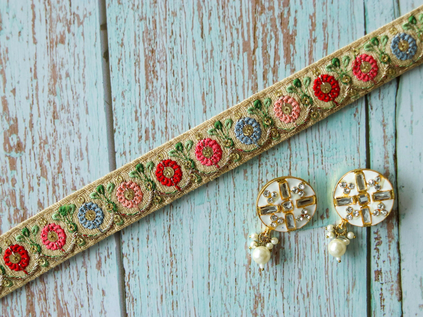 Beige Pastel Floral Embroidered Trim,Indian Fabric Embroidered Border,Beige Pink Blue Floral Lace,Floral Saree Border,Price/mtr