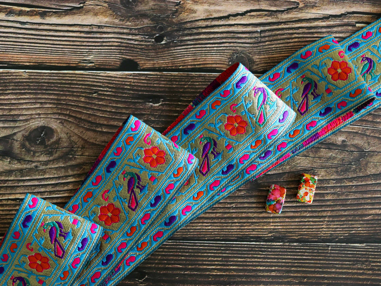 Blue Peacock Banarasi Floral Trim, Blue Purple Red Gold Brocade Border, Indian Brocade Lace, Designer Blue Bird Saree Border, Price/mtr, CL