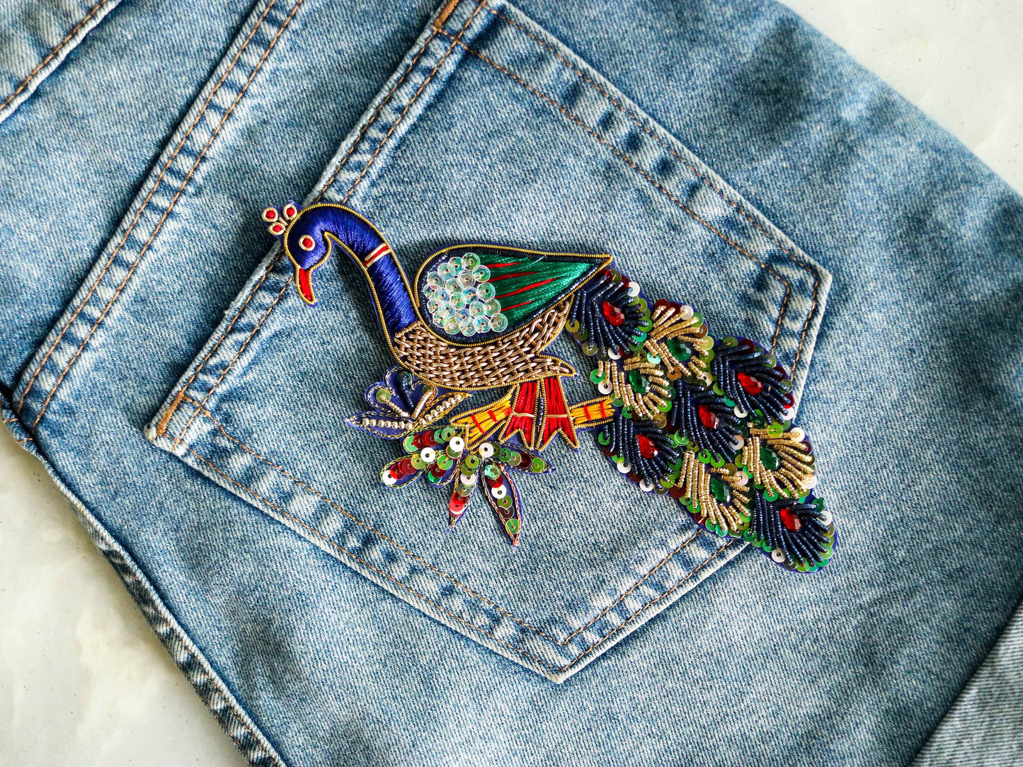 Colourful peacock embroidered patch,Handmade peacock sequin applique, Indian bird patch,Sew on Applique,DIY Patch
