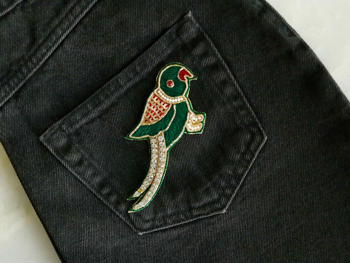 Green Gold Parrot embroidered patch,Handmade Parrot applique, Dark Green Gold bird patch,Quirky Boho DIY Bird Patch
