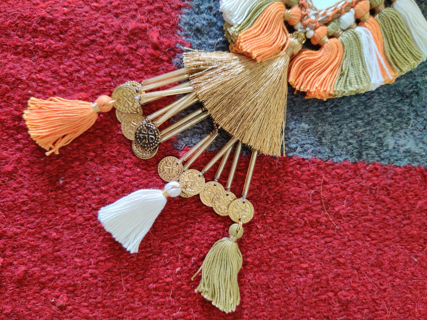 Boho Orange Mirror Tassel,Handmade Charm,Orange White Tufted Tassel Latkan, Quirky Kitschy Indian Tribal Bag Charm,Christmas Tree Supply
