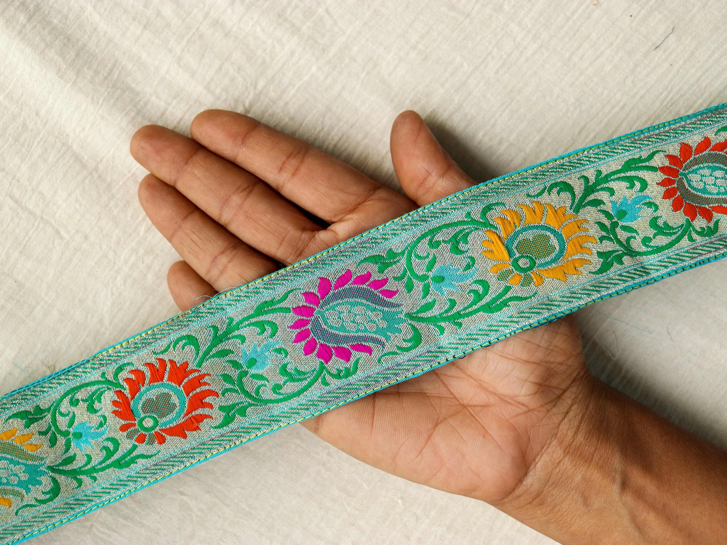 Blue Floral Banarasi Trim,Brocade Silk Border,Indian Brocade Lace,Banarasi Saree Border,Blue Bridal Trim,Price/mtr