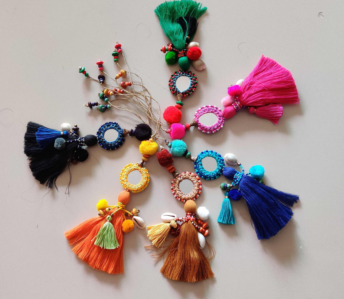 Boho Mustard Yellow Mirror Tassel,Handmade Latkan, Cowrie Round Tufted Tassel,Quirky Kitschy Indian Tribal Charm,Christmas Tree Supply