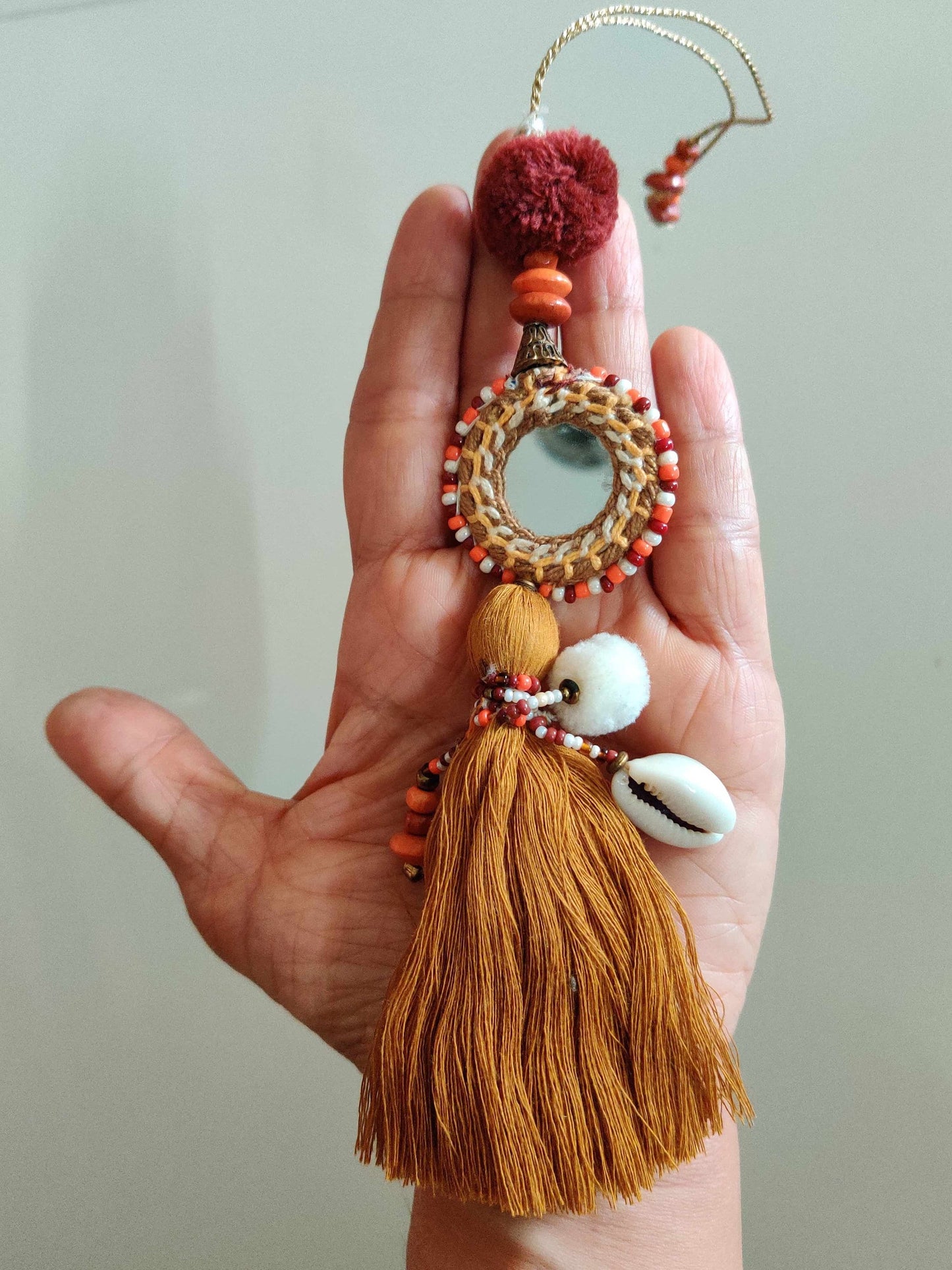 Boho Mustard Yellow Mirror Tassel,Handmade Latkan, Cowrie Round Tufted Tassel,Quirky Kitschy Indian Tribal Charm,Christmas Tree Supply