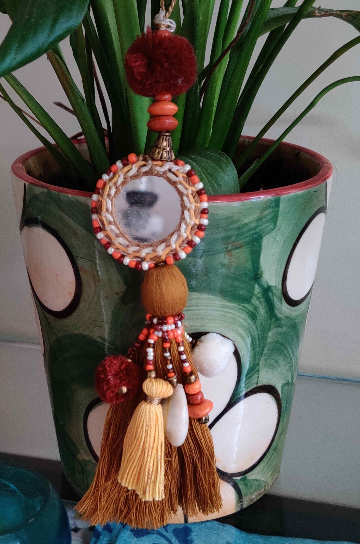 Boho Mustard Yellow Mirror Tassel,Handmade Latkan, Cowrie Round Tufted Tassel,Quirky Kitschy Indian Tribal Charm,Christmas Tree Supply