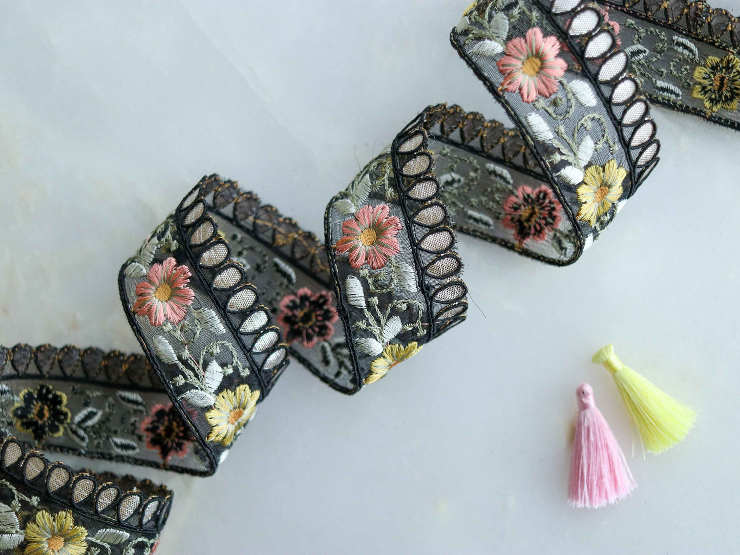 Black Gold Floral Embroidered Trim,Black Pink Yellow Floral Organza Border,Floral Tissue Lace,Indian Trim,Black Saree Border,Price/mtr