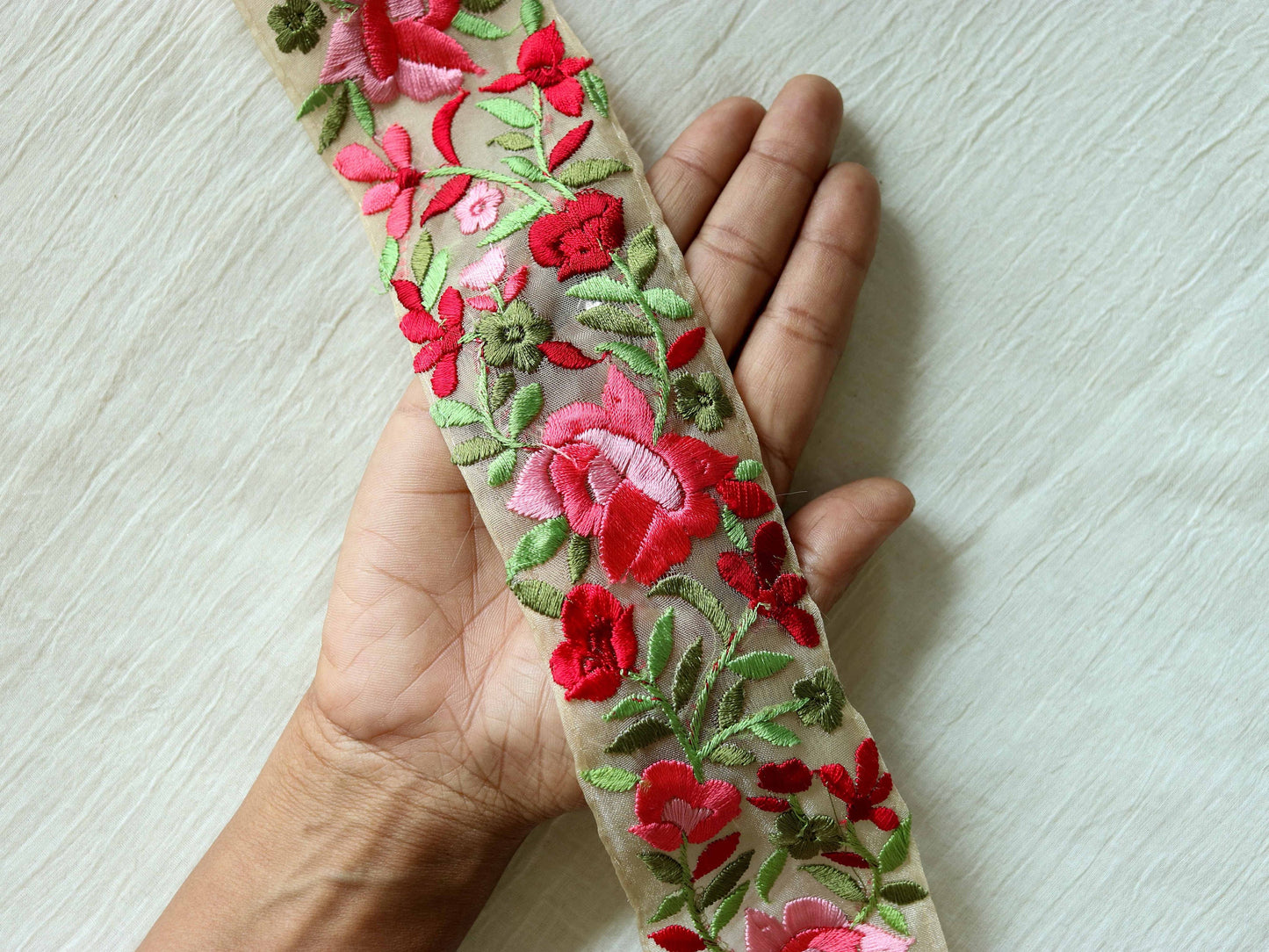 Pink Pastel Floral Embroidered Trim,Indian Fabric Embroidered Border,Pink Tissue Lace,Parsi Embroidery Border,Floral Saree Border,Price/mtr