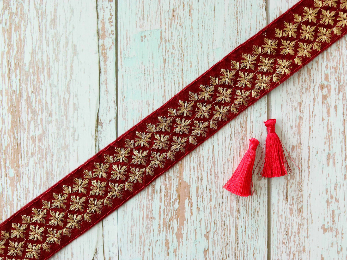 Maroon Gold Velvet Floral Trim,Indian Embroidered Border,Red Gold Zari Lace,Maroon Velvet Saree Border,Maroon Floral Border,Price/mtr