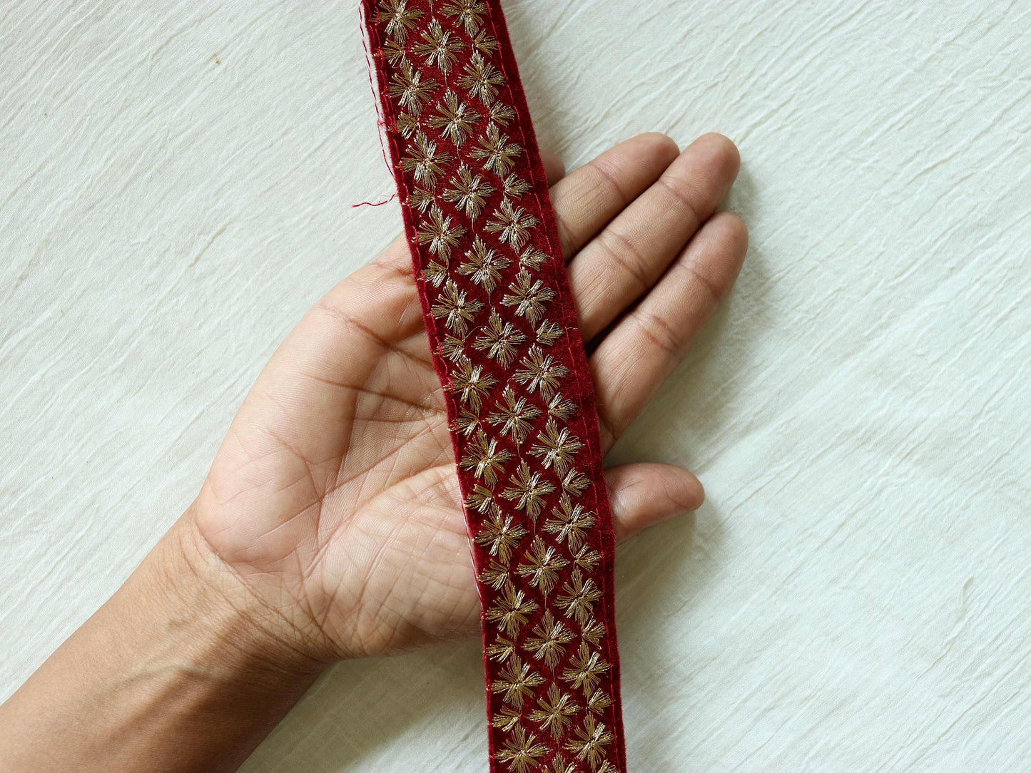 Maroon Gold Velvet Floral Trim,Indian Embroidered Border,Red Gold Zari Lace,Maroon Velvet Saree Border,Maroon Floral Border,Price/mtr