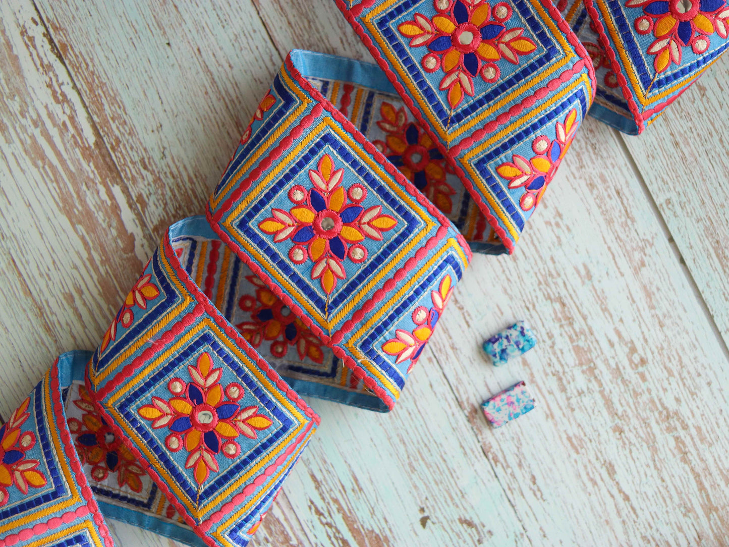 Pink Blue Floral Phulkari Trim,Embroidered Indian Border,Square Patchwork Pink Blue Lace,Boho Hippie Phulkari Saree Border,Price/mtr