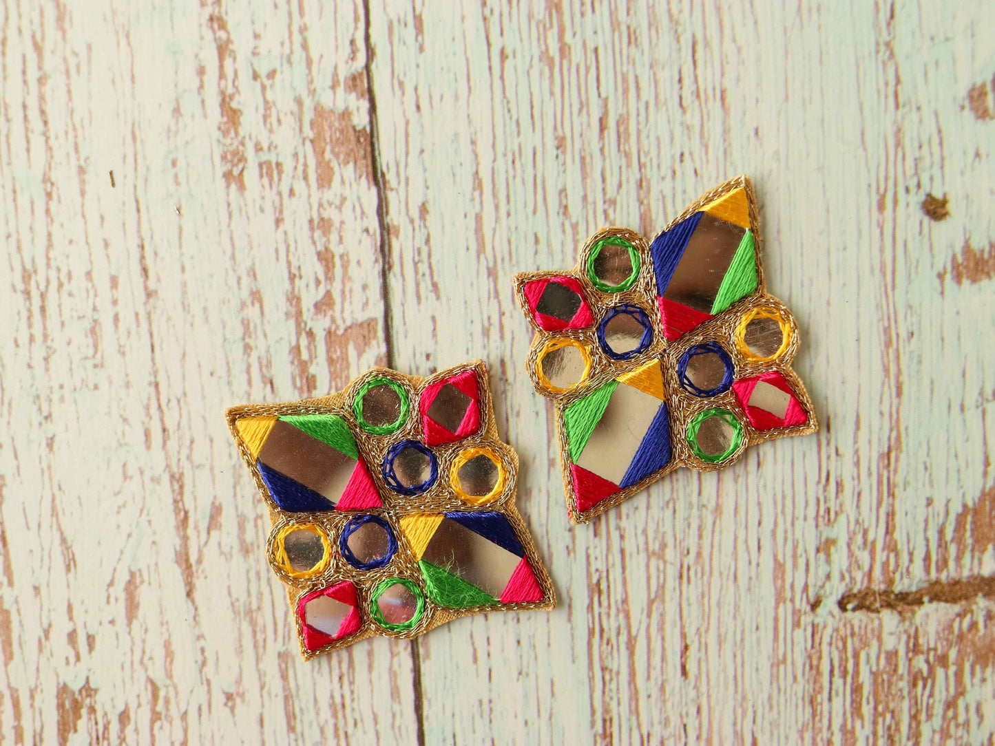 Multicolour Kutchi Mirror Embroidered Patch,Handmade Mirror Sequin Applique, Vibrant Boho Tribal Banjara Mirror Embroidery Patch,2 pcs