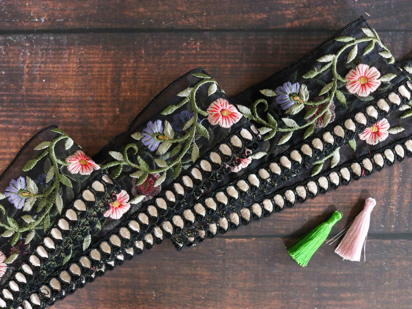 Black Pink Floral Embroidered Trim,Black Pink Blue Floral Organza Border,Floral Tissue Lace,Indian Trim,Black Saree Border,Price/mtr