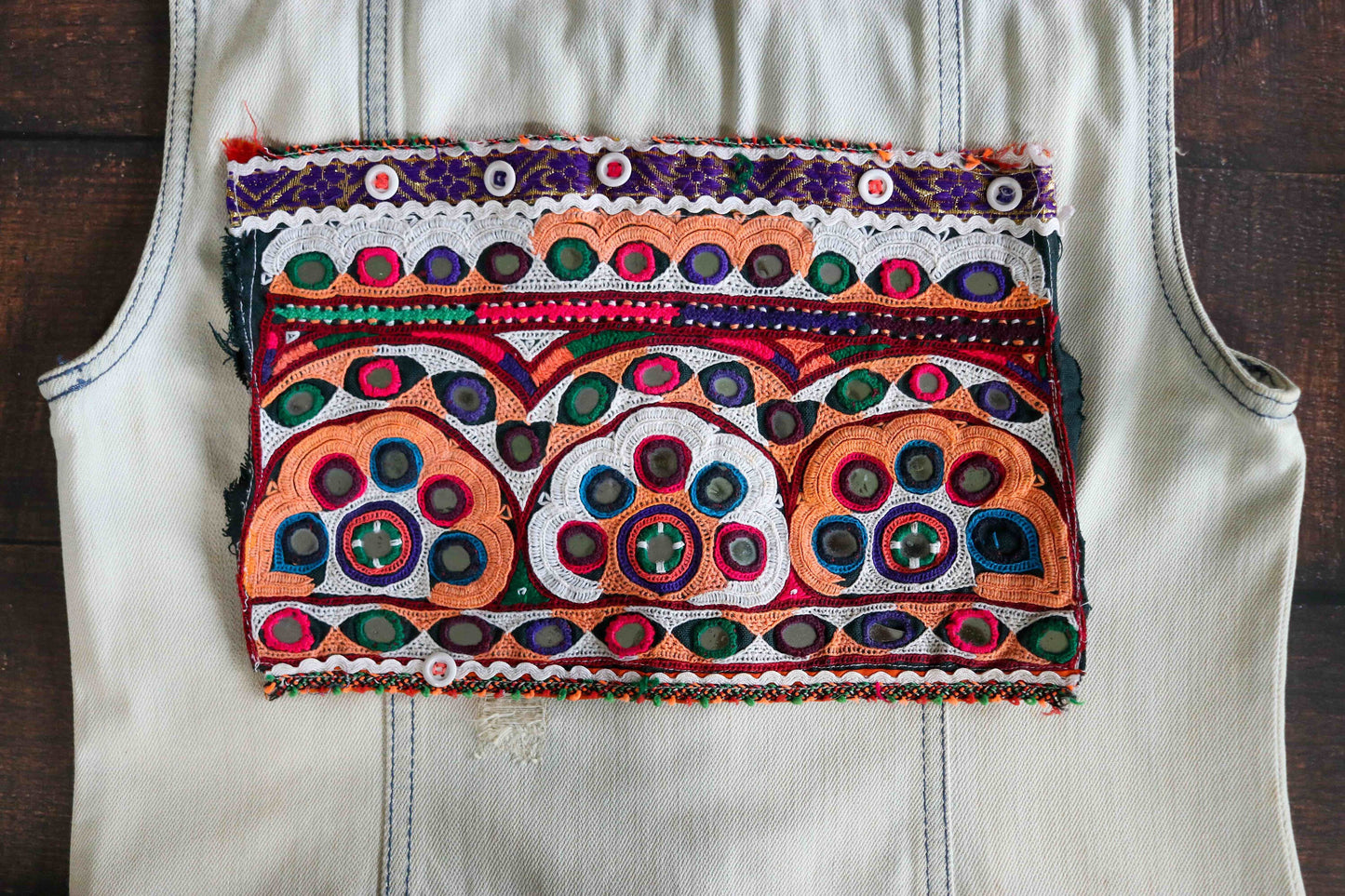 Recycled Boho Multicolour Embroidered Patch,Handmade Kutchi Mirror Applique, White Peach Tribal Banjara Mirror Embroidery Patch,DIY Patch