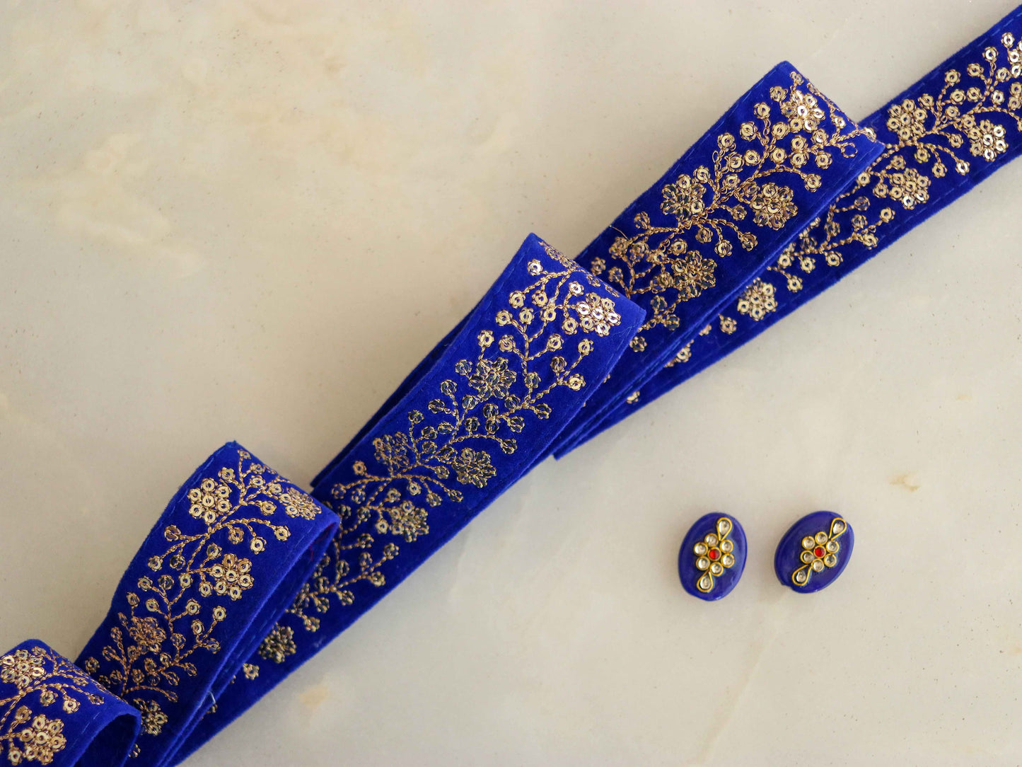 Blue Gold Floral Velvet Trim,Indian Floral Embroidered Border,Royal Blue Gold Floral Lace,Velvet Saree Border,Price/mtr