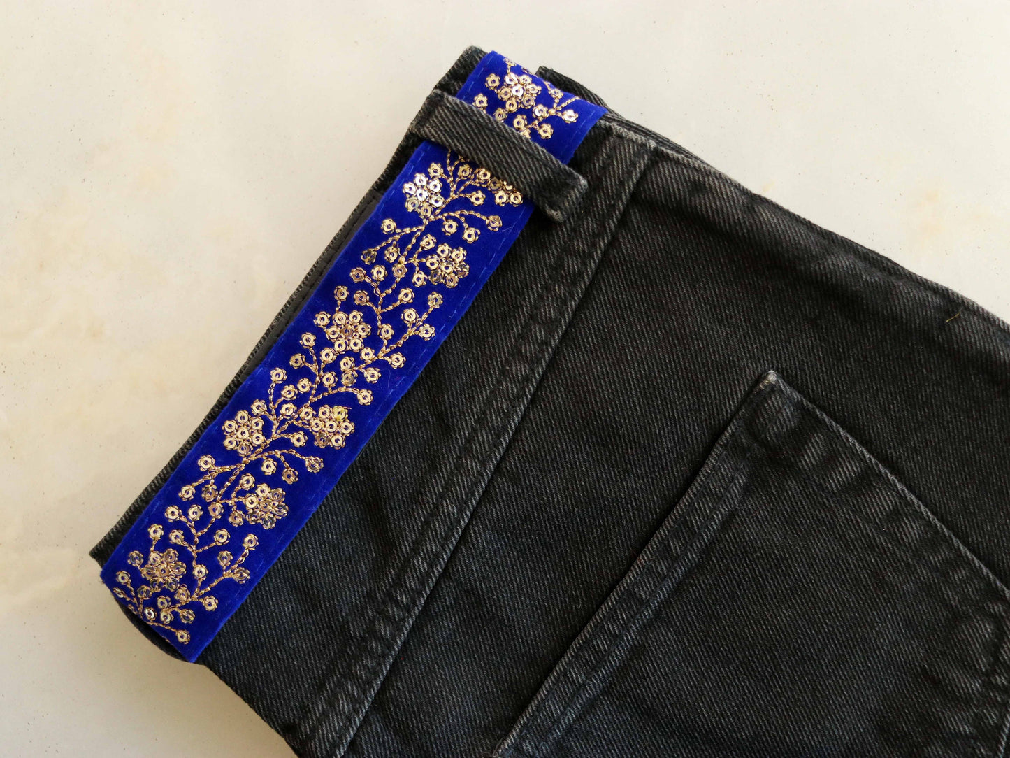 Blue Gold Floral Velvet Trim,Indian Floral Embroidered Border,Royal Blue Gold Floral Lace,Velvet Saree Border,Price/mtr
