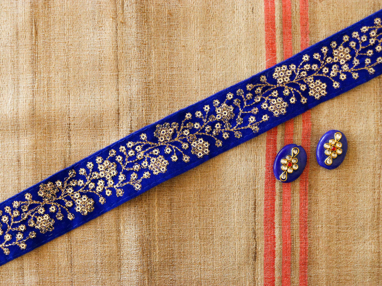 Blue Gold Floral Velvet Trim,Indian Floral Embroidered Border,Royal Blue Gold Floral Lace,Velvet Saree Border,Price/mtr