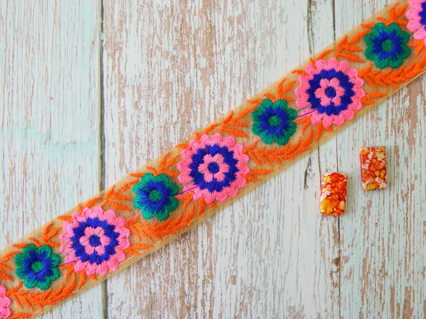 Orange Pink Floral Embroidered Trim,Orange Floral Border,Orange Pink Net Lace,Indian Fabric Trim,Floral Saree Border,Price/mtr