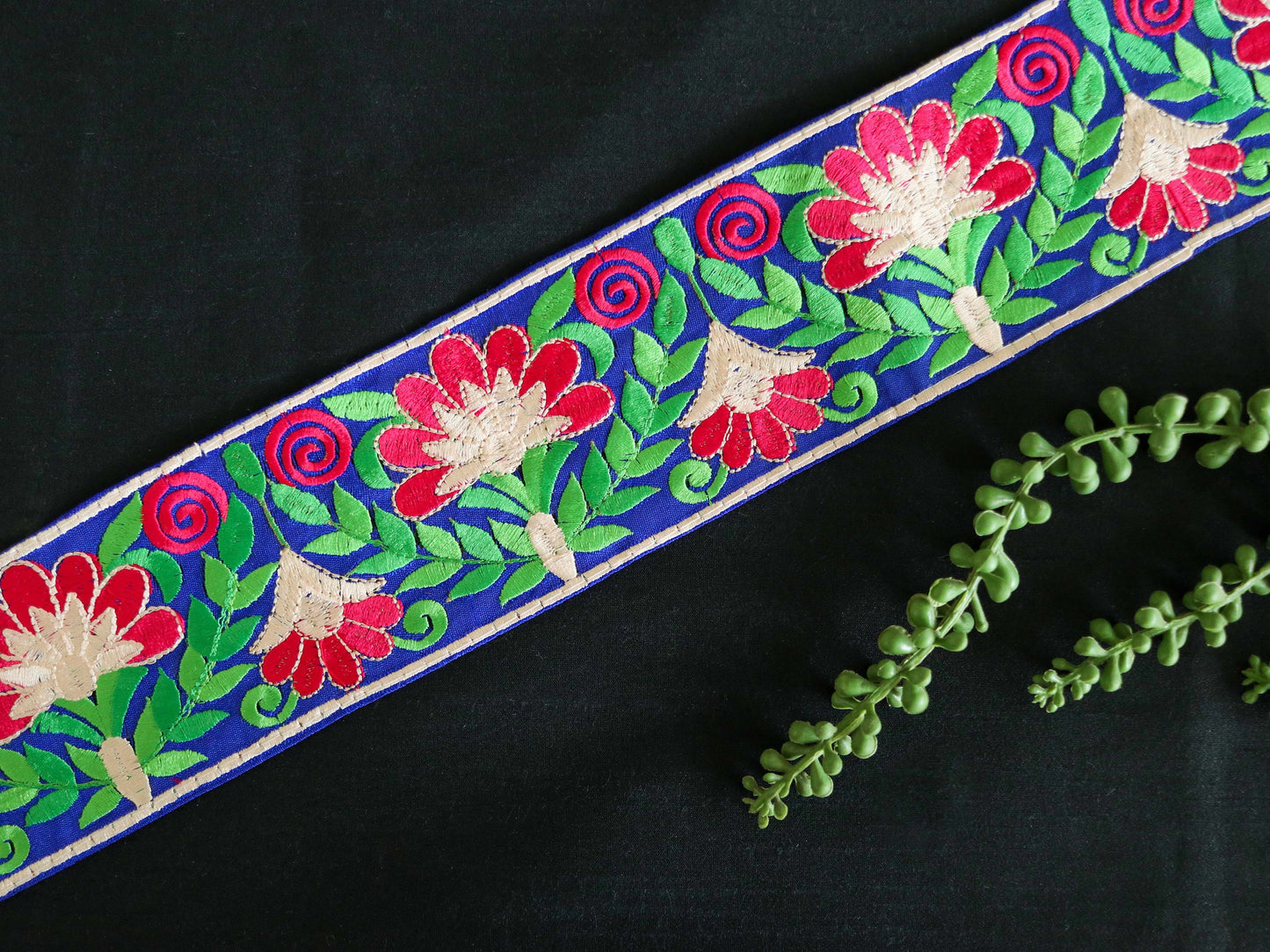 Blue Pink Floral Embroidered Trim,Indian Fabric Border,Blue Red Floral Lace,Parsi Embroidery Blue Floral Saree Border,Price/mtr