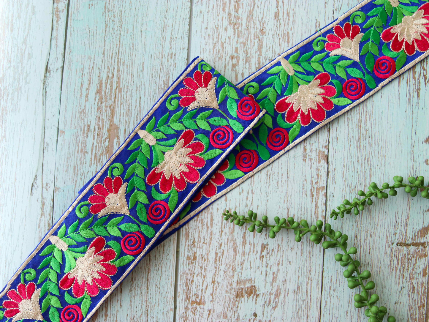 Blue Pink Floral Embroidered Trim,Indian Fabric Border,Blue Red Floral Lace,Parsi Embroidery Blue Floral Saree Border,Price/mtr