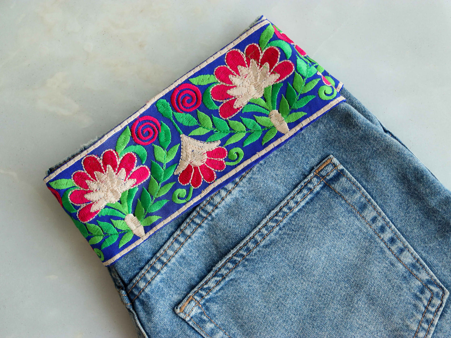 Blue Pink Floral Embroidered Trim,Indian Fabric Border,Blue Red Floral Lace,Parsi Embroidery Blue Floral Saree Border,Price/mtr