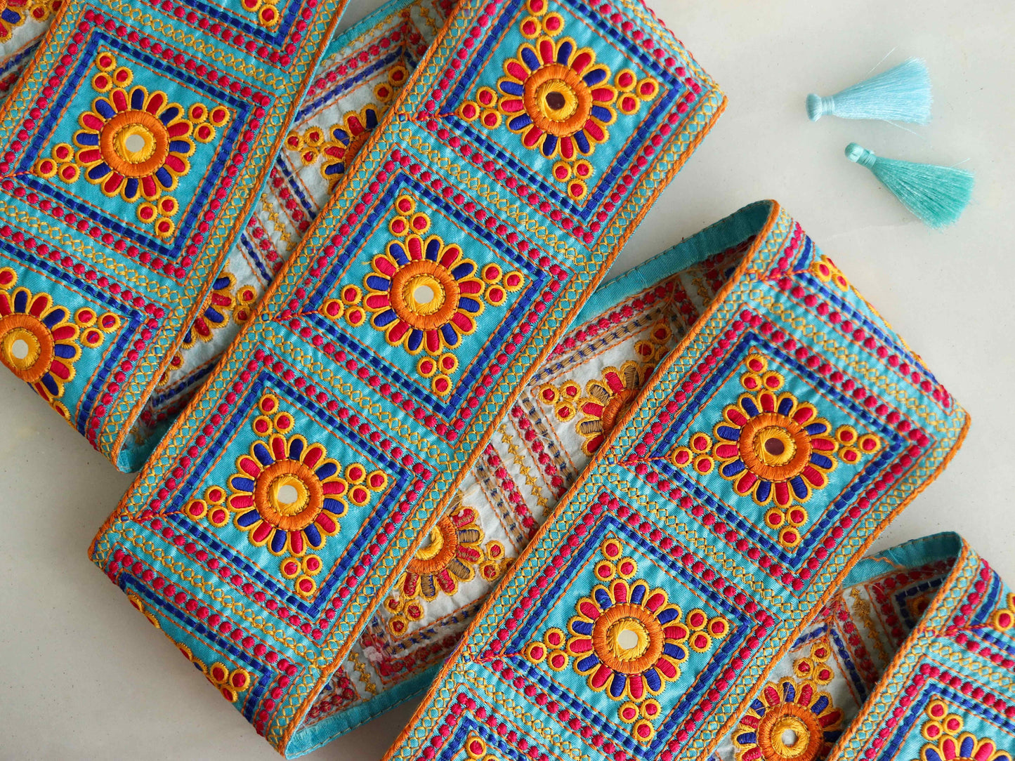 Blue Yellow Floral Phulkari Trim,Embroidered Indian Border,Square Patchwork Blue Orange Lace,Boho Hippie Phulkari Saree Border,Price/mtr