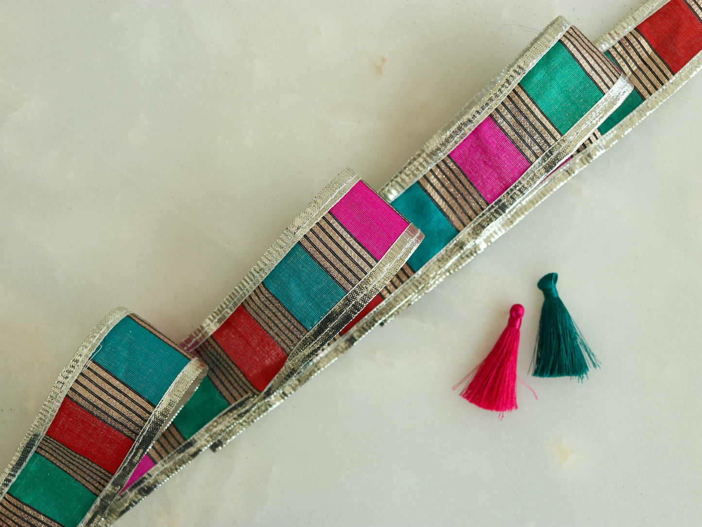 Pink Blue Silver Stripe Trim,Red Green Festive Printed Border,Boho Designer Bridal Lace,Stripe Gota Saree Border,Price/mtr