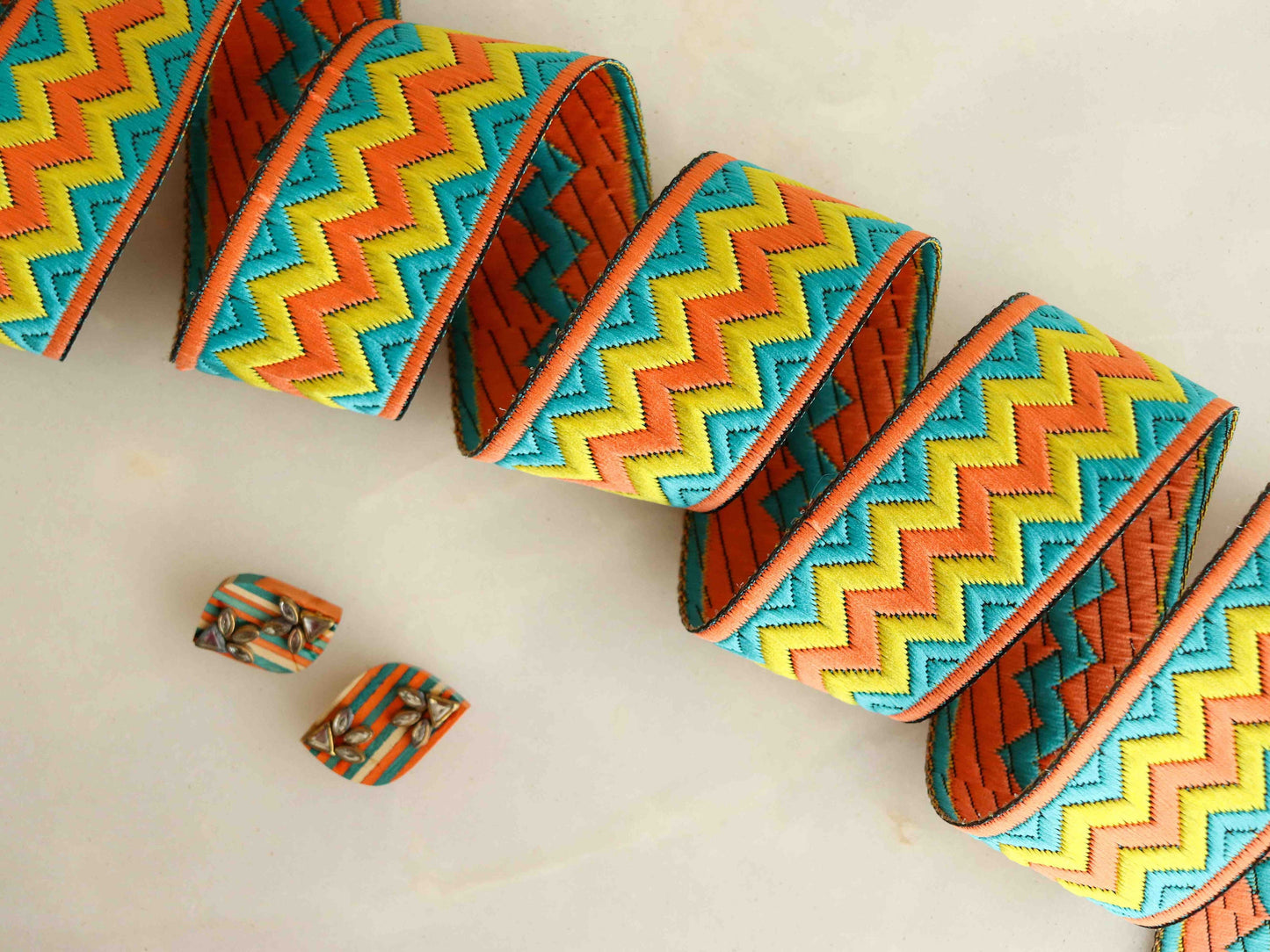 Boho Chevron Geometric Jacquard Trim,Blue Yellow Orange Brocade Border,Indian Brocade Lace,Boho Saree Border,Price/mtr