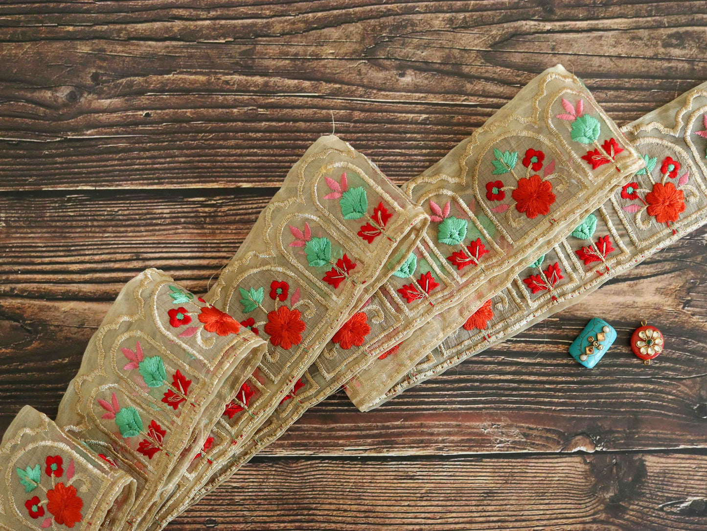 Red Teal Floral Embroidered Trim,Indian Fabric Embroidered Border,Floral Tissue Lace,Parsi Embroidery Border,Floral Saree Border,Price/mtr