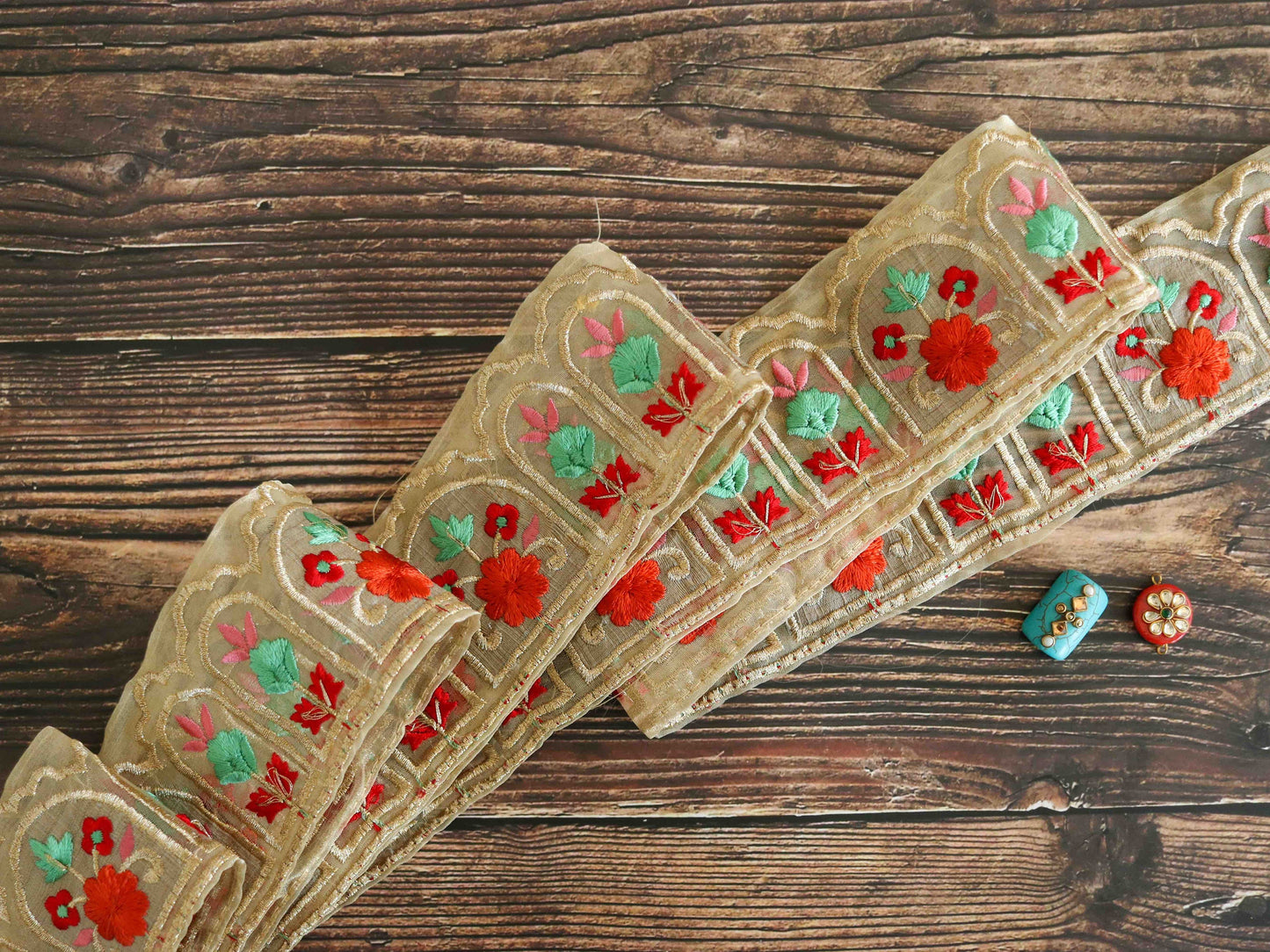 Red Teal Floral Embroidered Trim,Indian Fabric Embroidered Border,Floral Tissue Lace,Parsi Embroidery Border,Floral Saree Border,Price/mtr