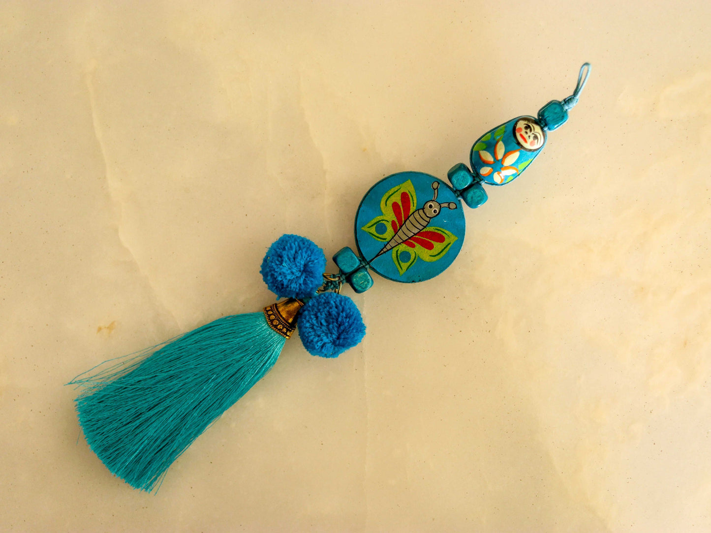 Boho Blue Matryoshka Butterfly Tassel,Handmade Latkan, Teal Blue Pompom Tufted Tassel Charm,Quirky Kitschy Indian Christmas Tree Supply