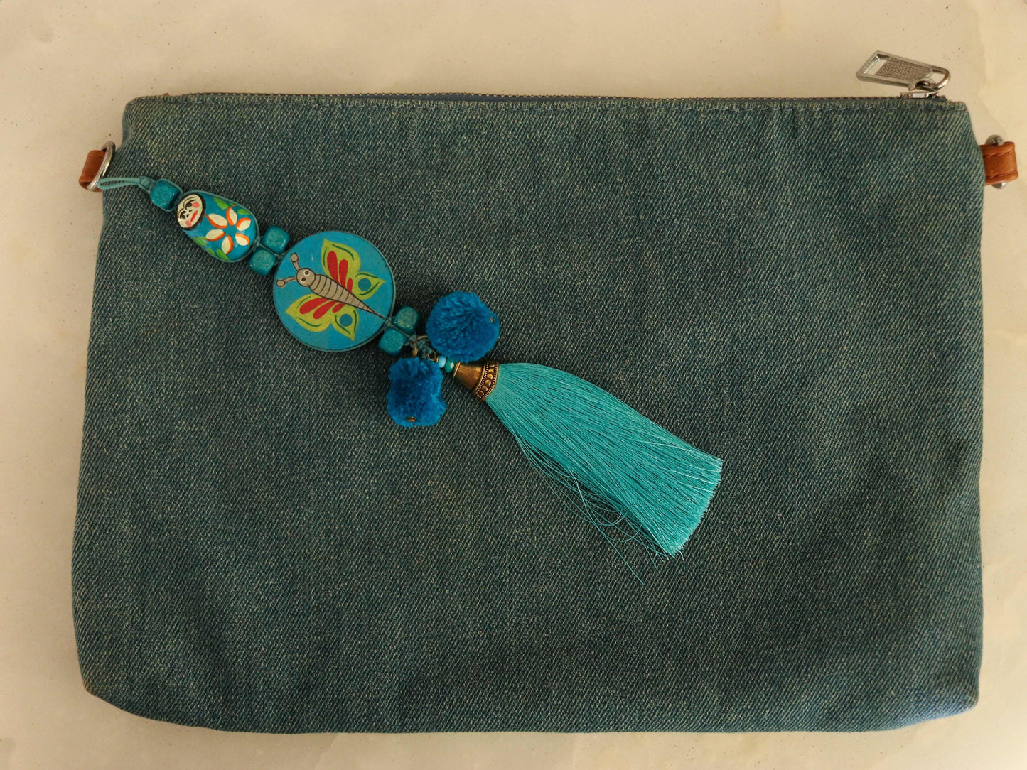 Boho Blue Matryoshka Butterfly Tassel,Handmade Latkan, Teal Blue Pompom Tufted Tassel Charm,Quirky Kitschy Indian Christmas Tree Supply