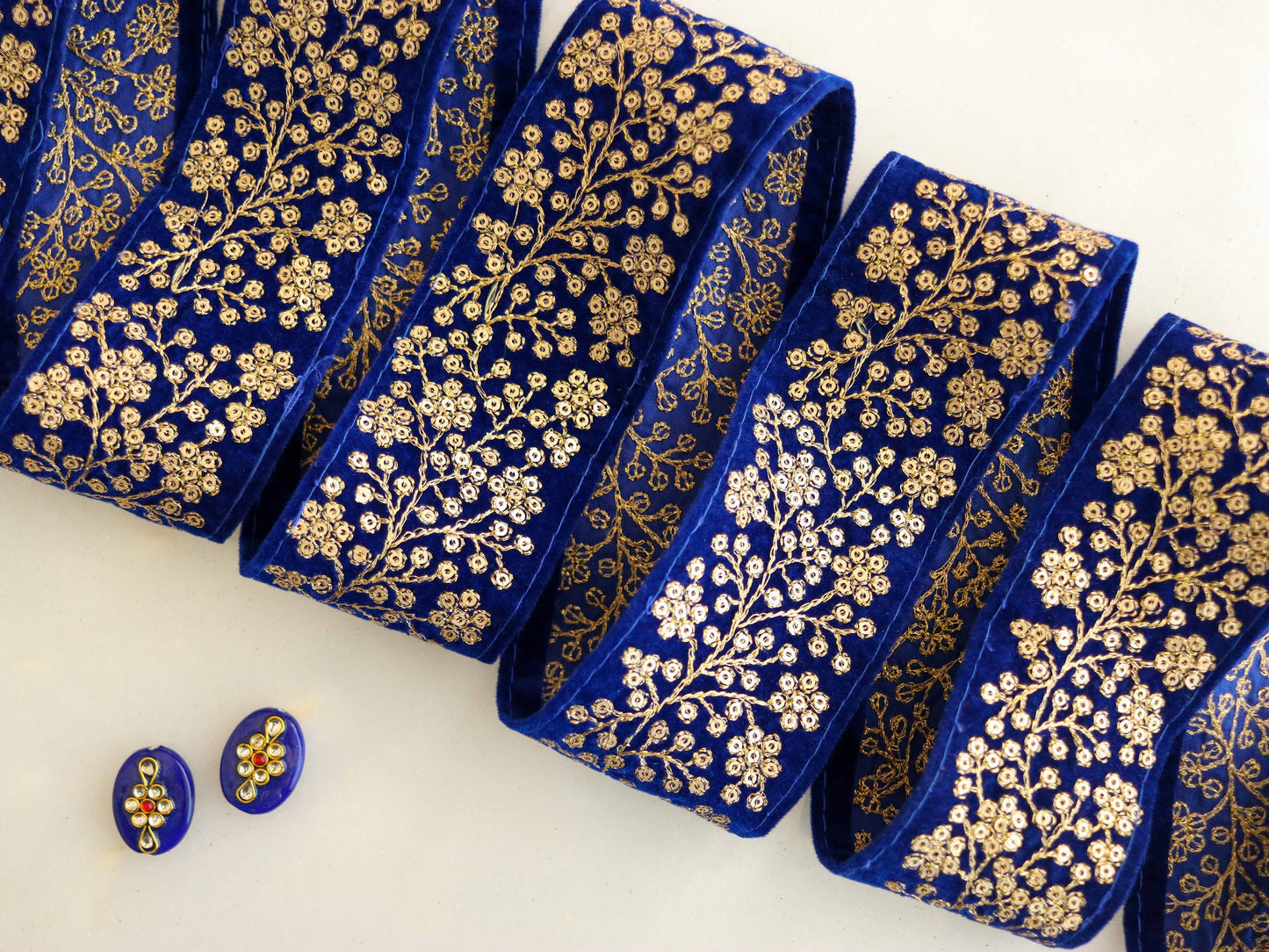 Blue Gold Floral Velvet Trim,Indian Floral Embroidered Border,Royal Blue Gold Floral Lace,Velvet Saree Border,Price/mtr