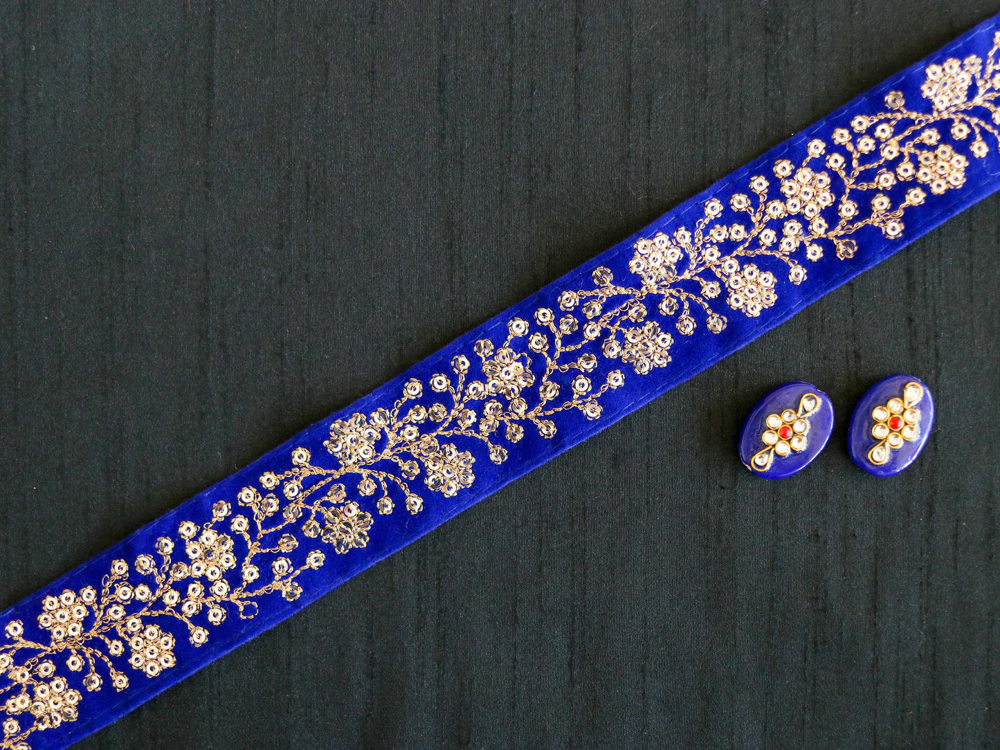 Blue Gold Floral Velvet Trim,Indian Floral Embroidered Border,Royal Blue Gold Floral Lace,Velvet Saree Border,Price/mtr