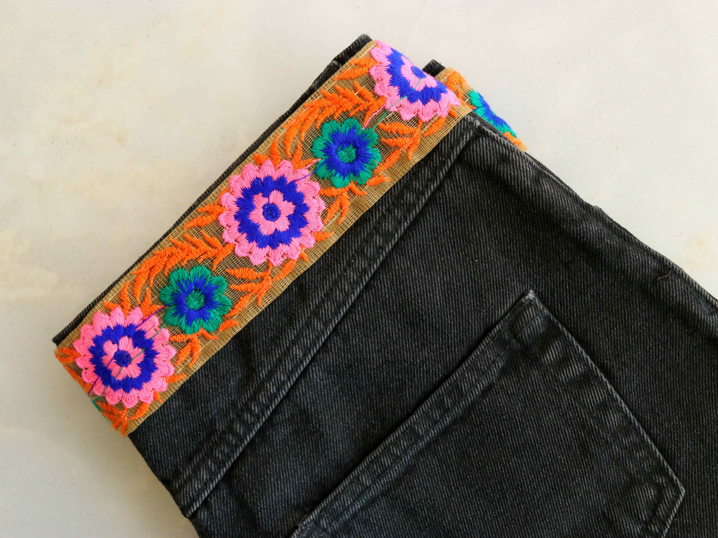 Orange Pink Floral Embroidered Trim,Orange Floral Border,Orange Pink Net Lace,Indian Fabric Trim,Floral Saree Border,Price/mtr