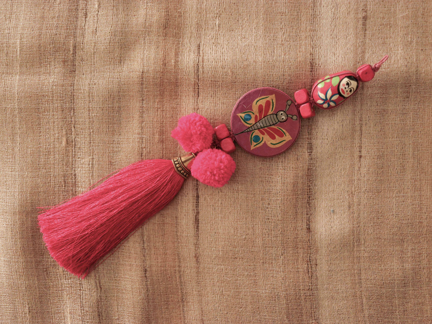 Boho Pink Matryoshka Butterfly Tassel,Handmade Latkan, Pink Pompom Tassel,Quirky Kitschy Indian Tribal Charm,Christmas Tree Supply