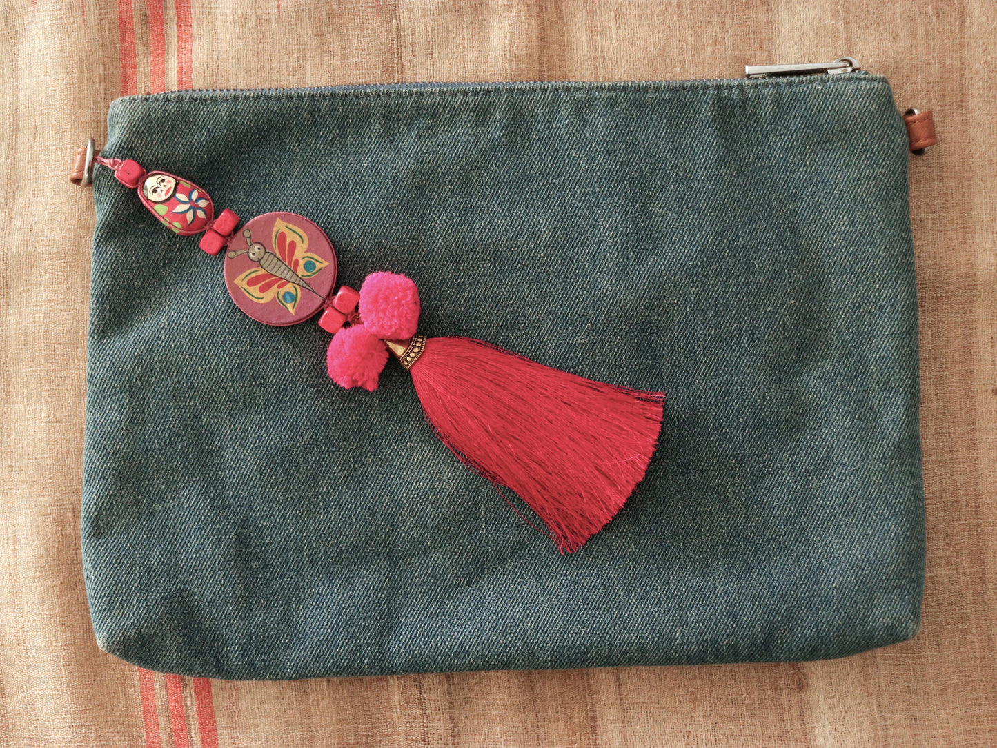 Boho Pink Matryoshka Butterfly Tassel,Handmade Latkan, Pink Pompom Tassel,Quirky Kitschy Indian Tribal Charm,Christmas Tree Supply